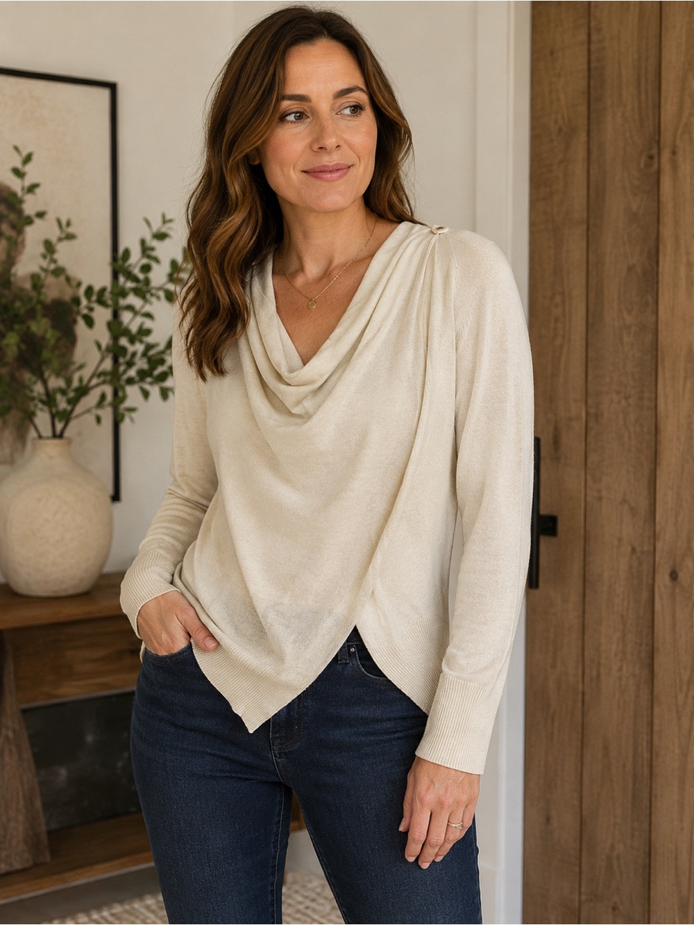 Kerisma Cream Waterfall Drape Cardigan Sweater Women’s Medium Soft Knit